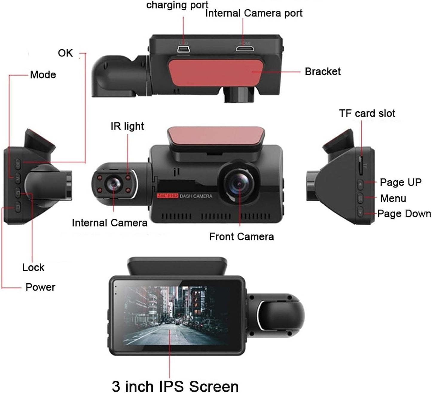 3'' Full HD 1080P Dash Cam Car DVR Front or Rear Camera Night Vision G-sensor