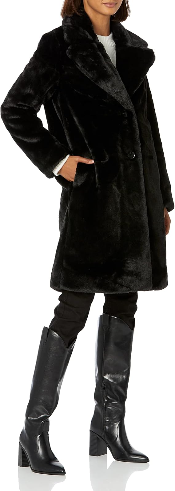 Aixirui Black Faux Fur Coat Women's XL Long Shag, Pockets,